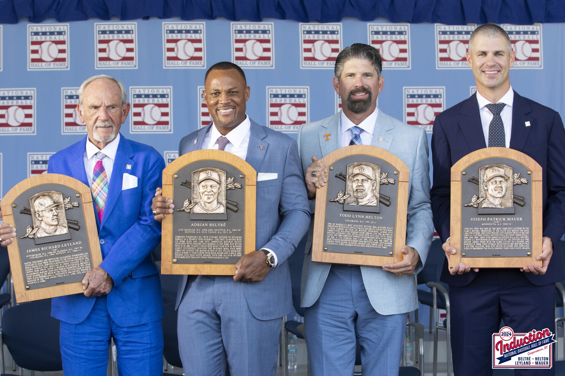 L-R: Jim Leyland, Adrian Beltre, Todd Helton and Joe Mauer with their Hall of Fame plaques