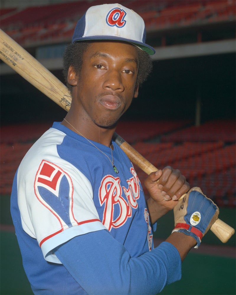 Head and shoulders portrait of Rowland Office in Braves uniform