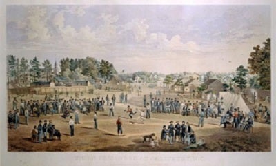 Baseball’s story is wound tightly with the growth of the United States as illustrated in this painting of Union soldiers playing in Salisbury, N.C. in 1862 during the Civil War. (NBHOFM)