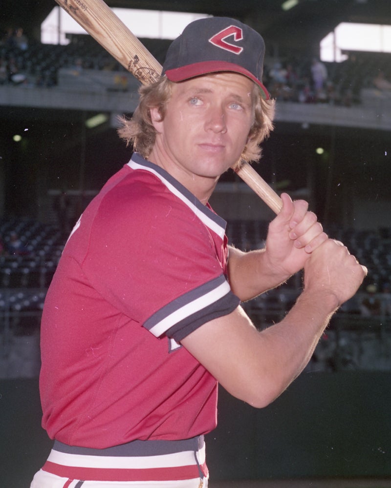 Batting portrait of Alan Ashby in Cleveland uniform