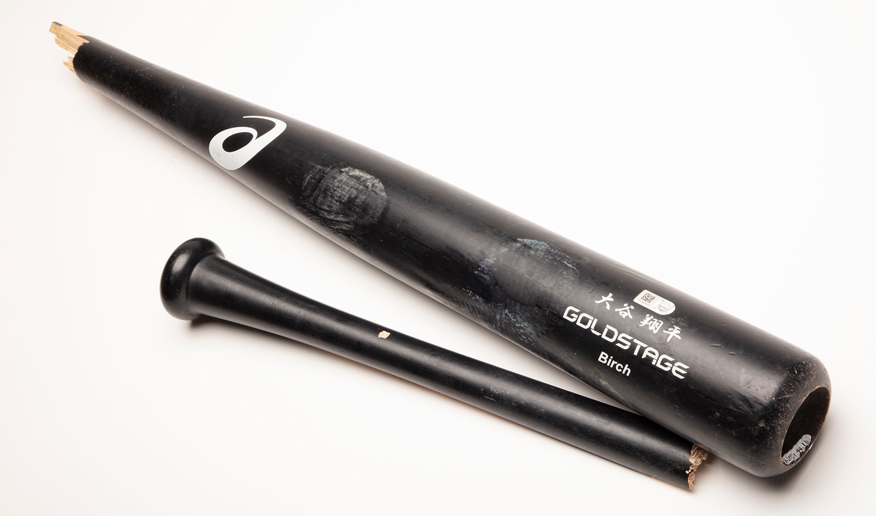 Broken Shohei Ohtani birch bat in two pieces