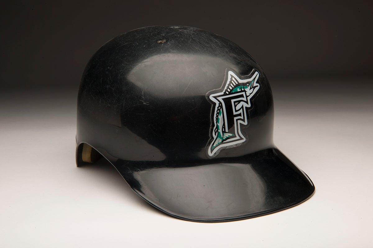 Florida Marlins flapless helmet worn by Tim Raines