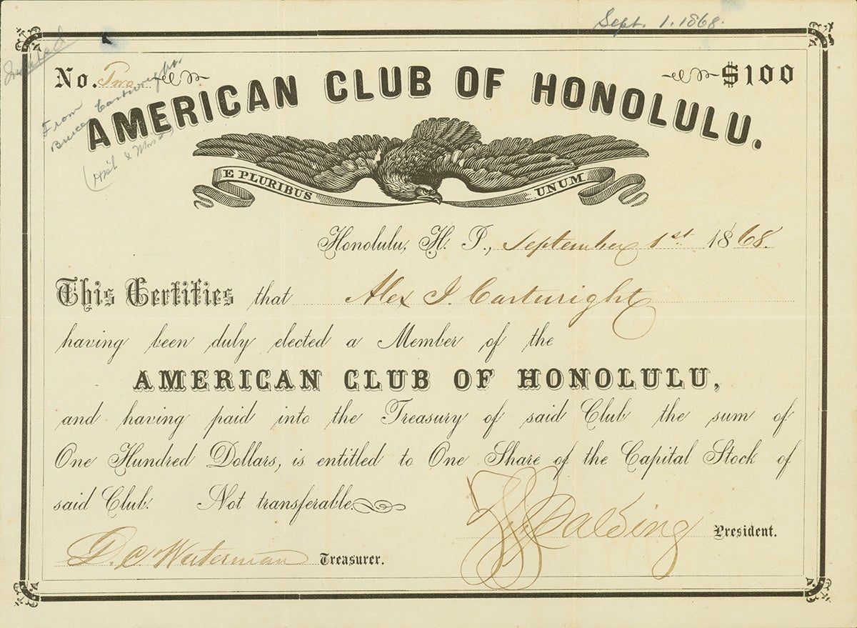 American Club of Honolulu stock certificate issued to Alex J. Cartwright