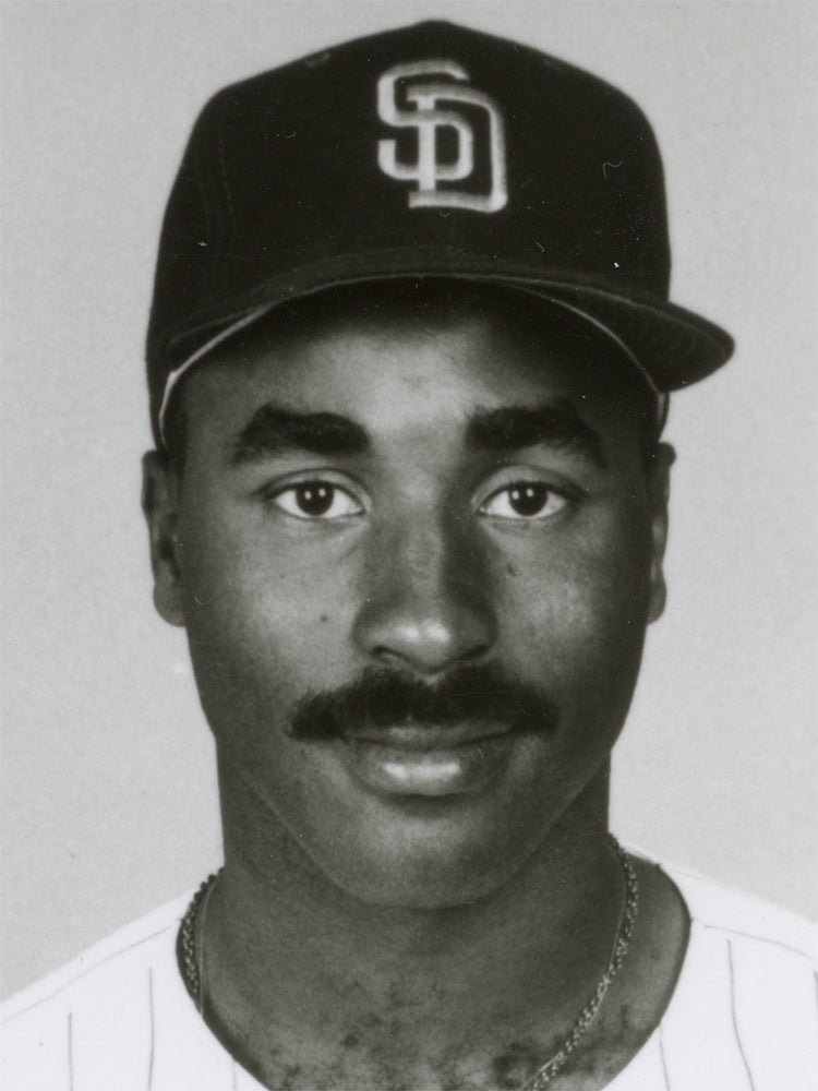 Head and shoulders portrait of Shane Mack in Padres uniform