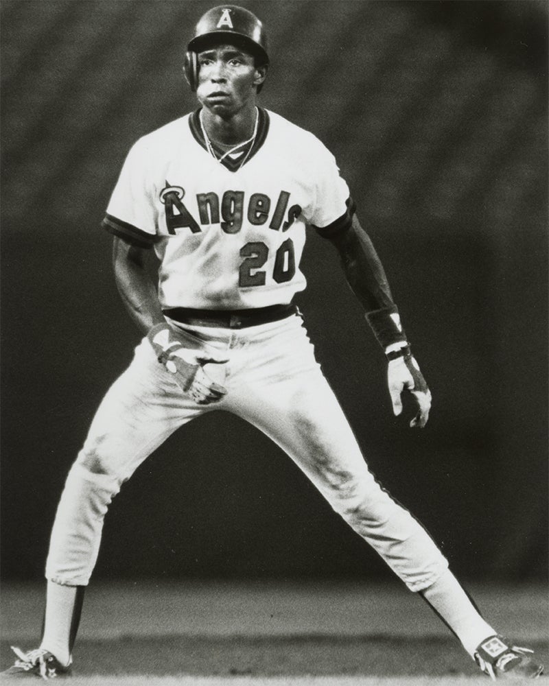 Gary Pettis on base in Angels uniform