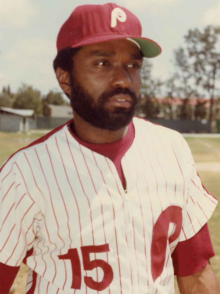 Head and shoulders portrait of Larry Milbourne in Phillies uniform