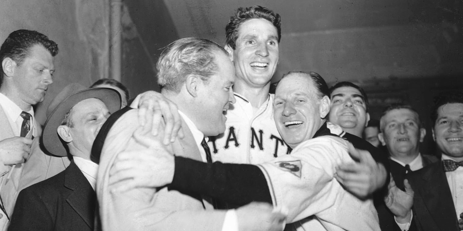 Photograph of Bobby Thomson in the aftermath of his pennant-winning home run 