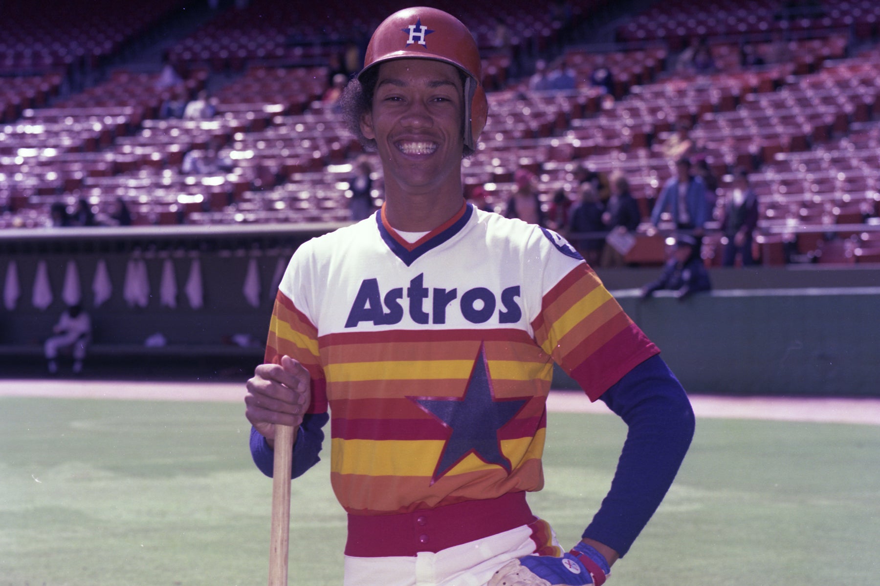 Posed portrait of Enos Cabell in Houston uniform holding bat