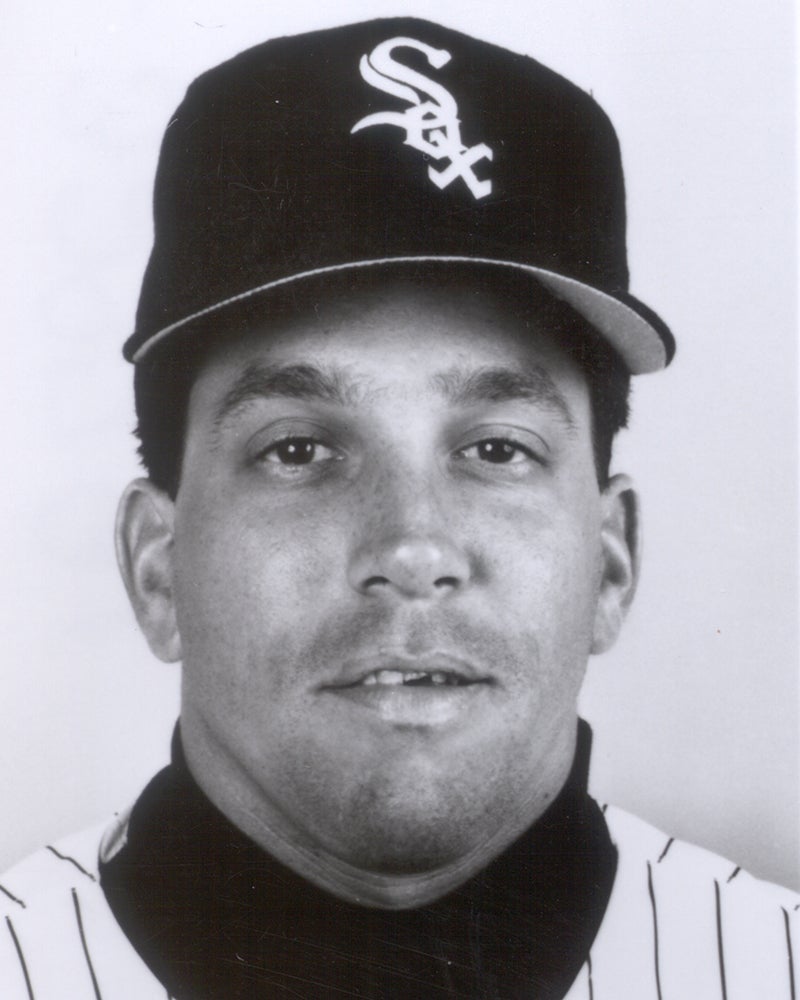 Head and shoulders portrait of John Cangelosi in White Sox uniform