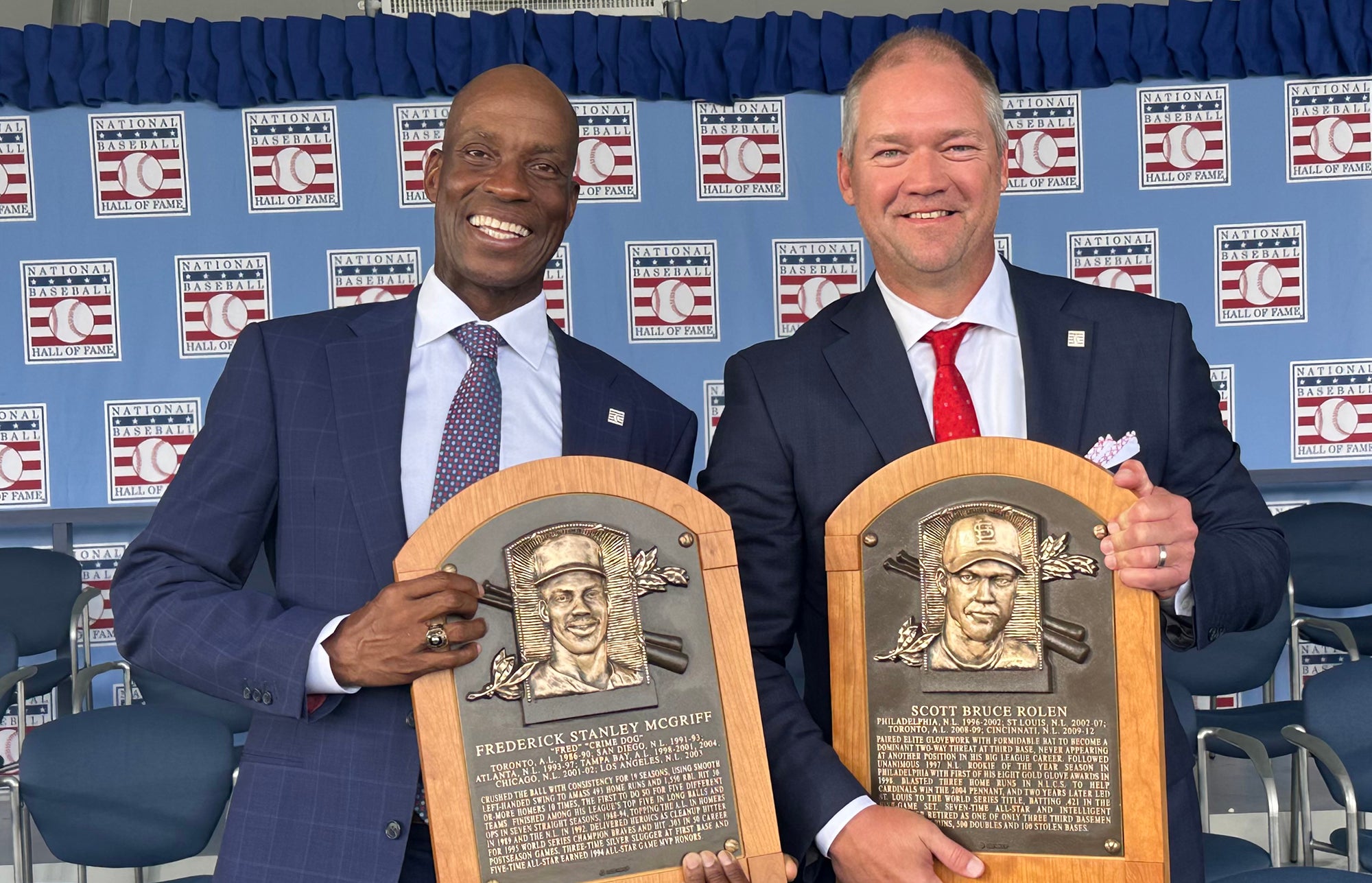 Fred McGriff and Scott Rolen with their Hall of Fame Plaques