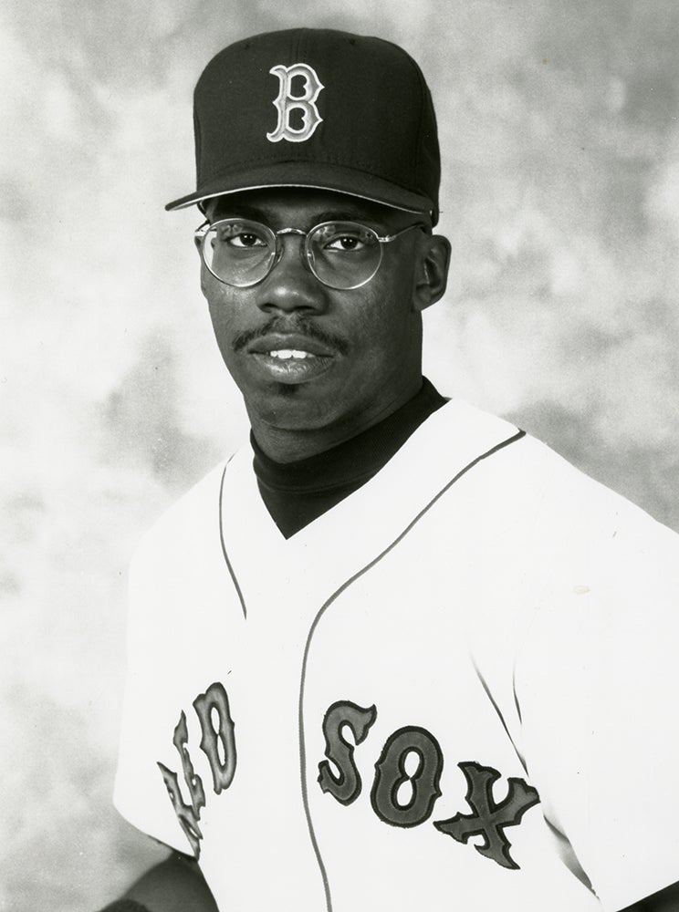 Head and shoulders portrait of Alex Cole in Red Sox uniform