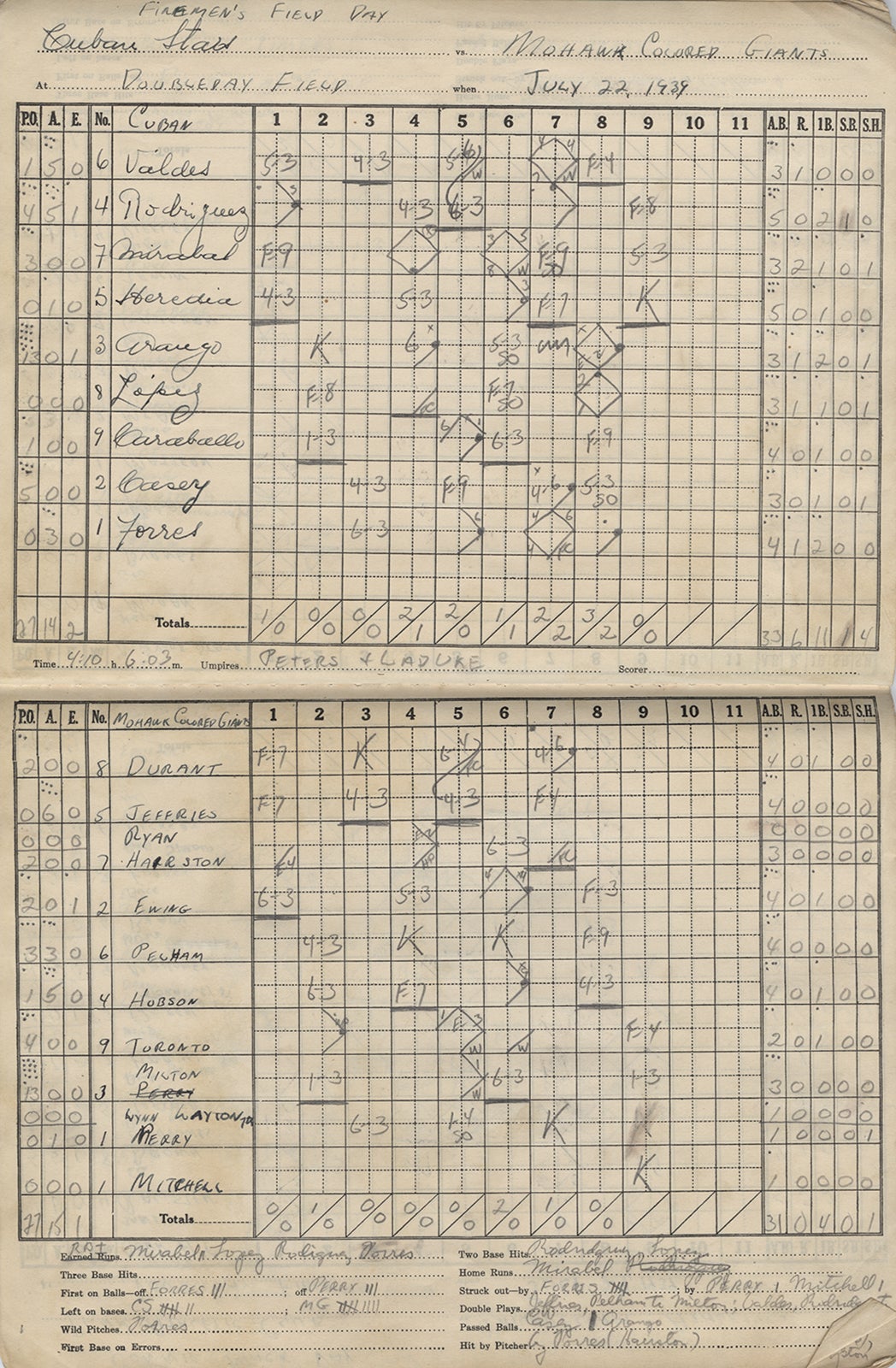 Cuban Giants and Mohawk Colored Giants scorecard from July 22, 1939