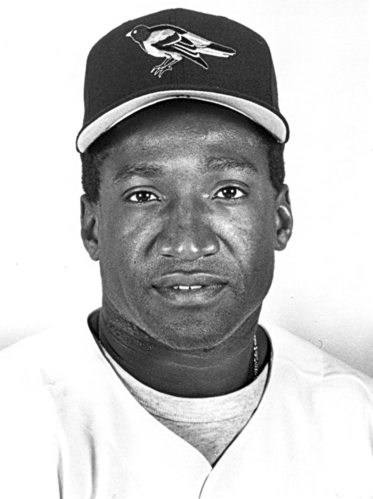 Head and shoulders portrait of Mike Devereaux in Orioles jersey