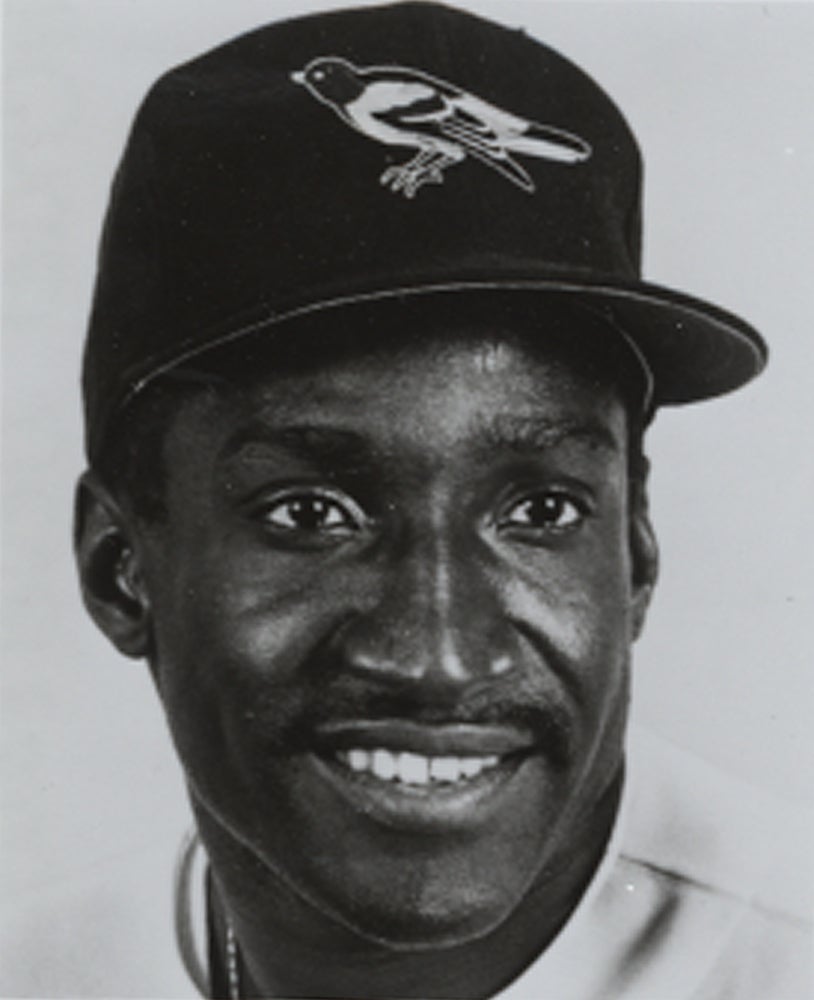 Head and shoulders portrait of Mike Devereaux in Orioles jersey