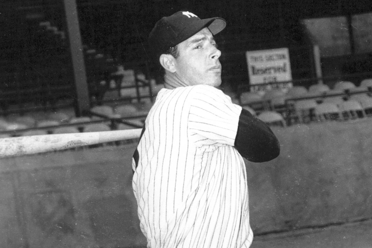 Black and white batting portrait of Joe DiMaggio