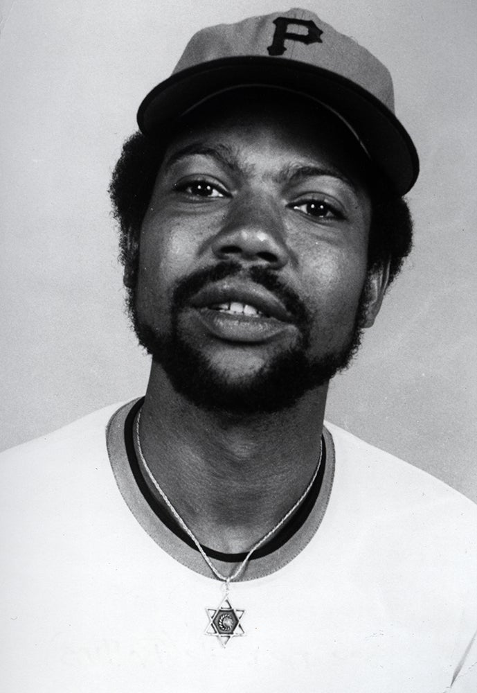 Head and shoulders portrait of Dock Ellis in Pirates uniform