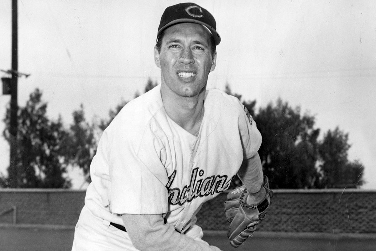 Pitching portrait of Bob Feller in Cleveland uniform