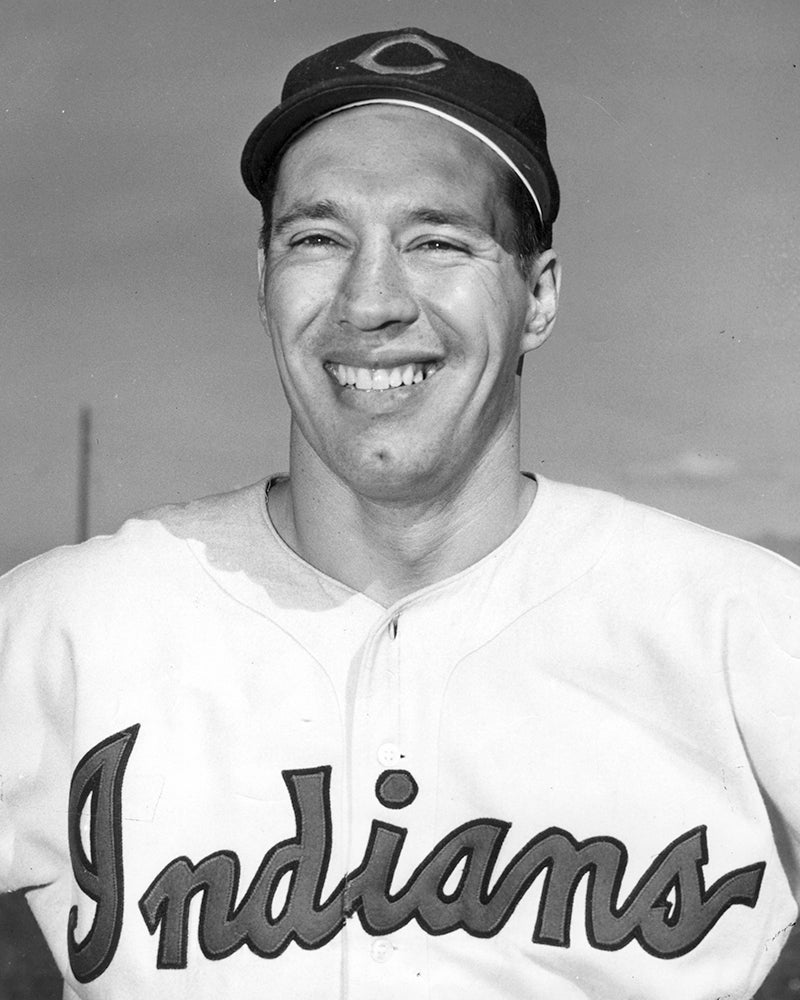 Head and shoulders portrait of Bob Feller in Cleveland uniform