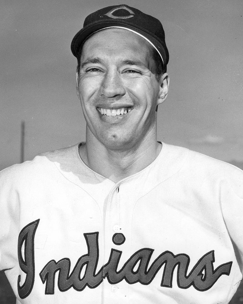 Head and shoulders portrait of Bob Feller in Cleveland uniform