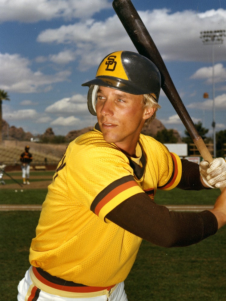 Batting portrait of Tim Flannery in Padres uniform