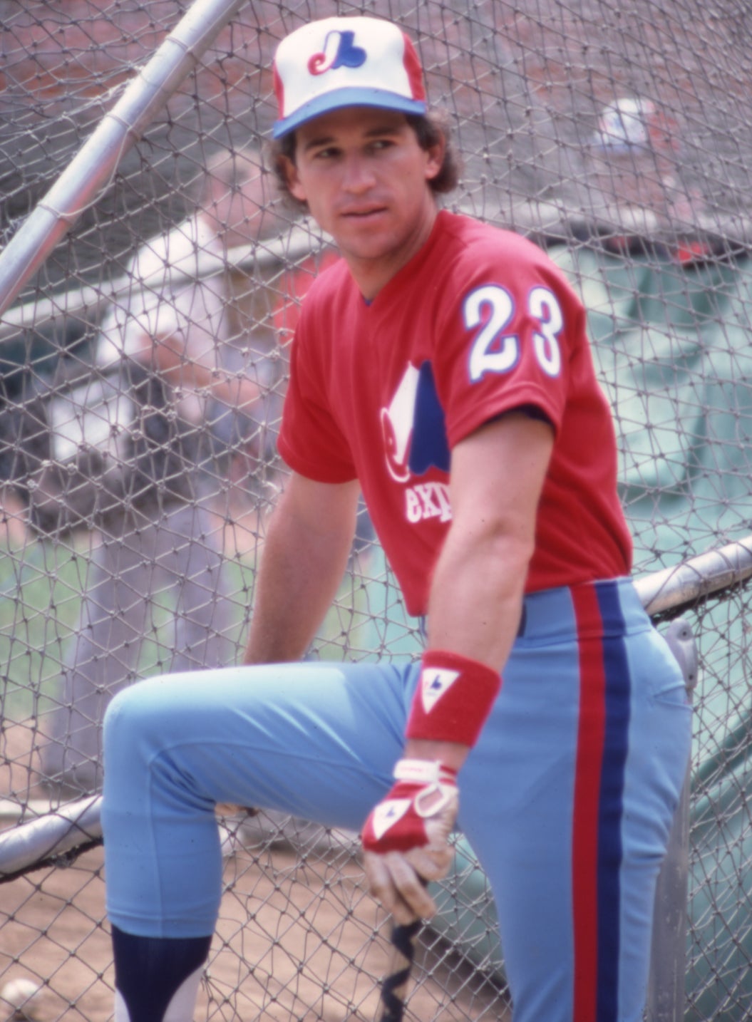 Doug Flynn at batting cage wearing Montreal uniform