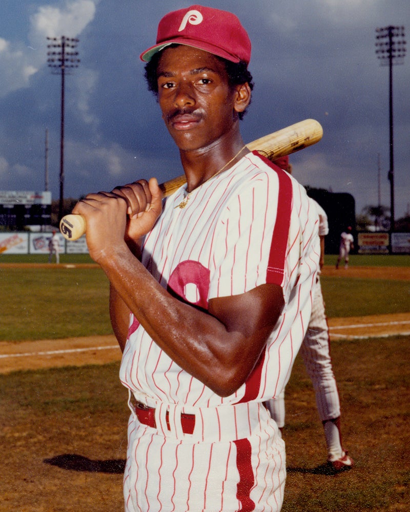 Posed portrait of Julio Franco in home Phillies uniform