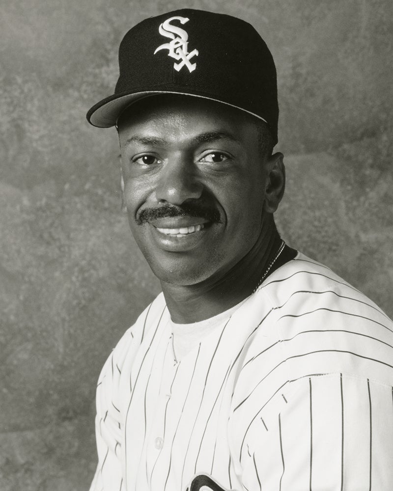 Head and shoulders portrait of Julio Franco in White Sox uniform
