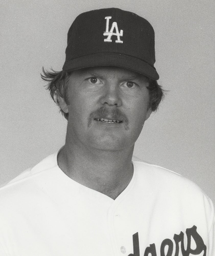 Head and shoulders portrait of Dave Goltz in Dodgers uniform
