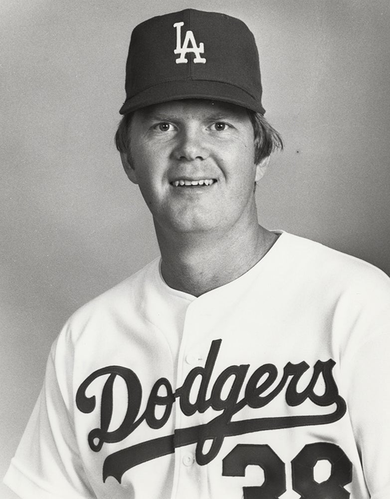 Head and shoulders portrait of Dave Goltz in Dodgers uniform