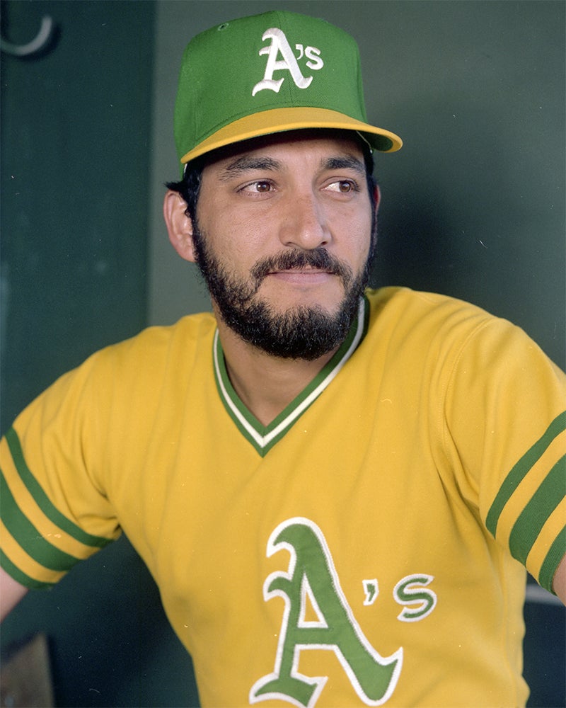 Head and shoulders portrait of Mario Guerrero in Athletics uniform