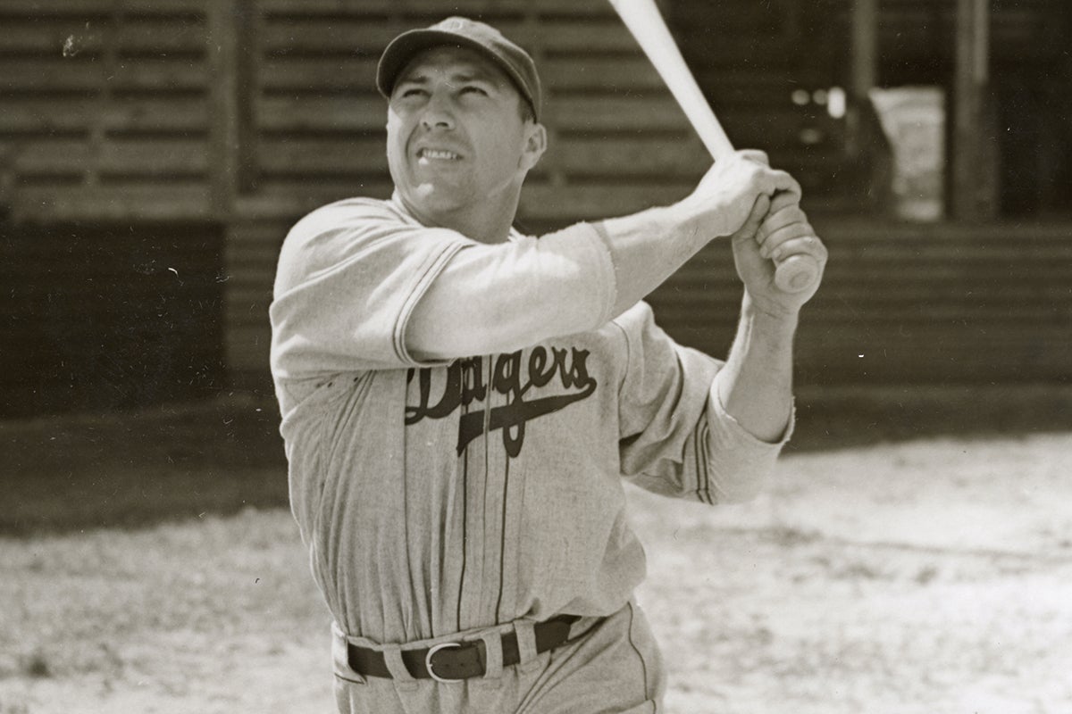 Batting portrait of Ernie Koy in Dodgers uniform