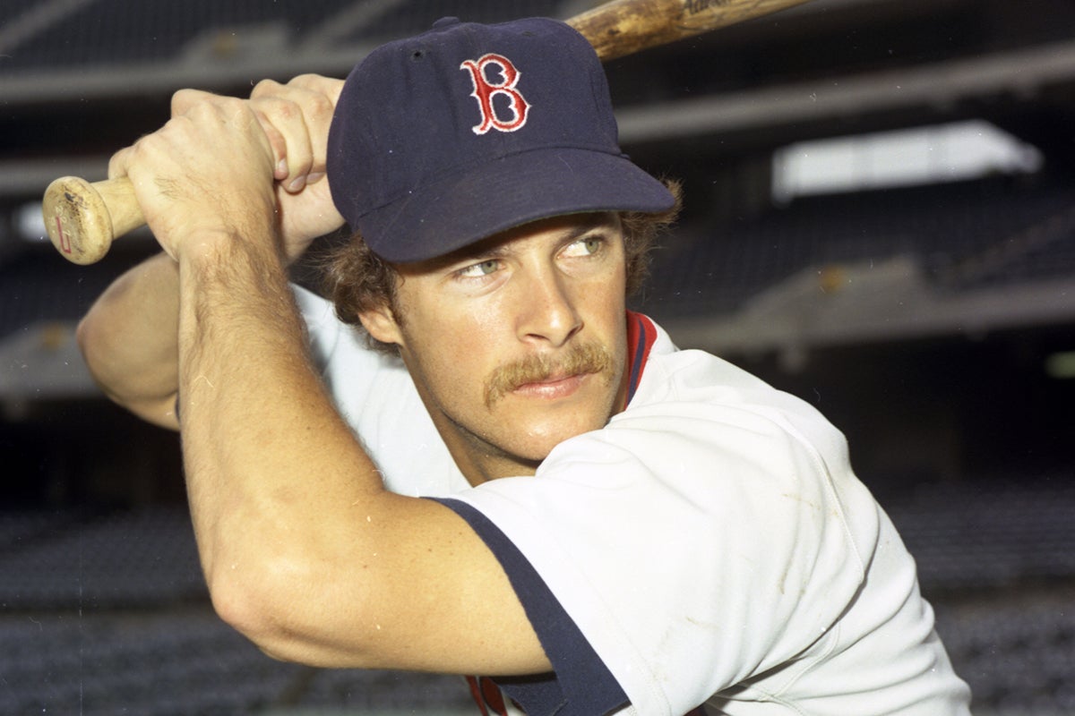 Batting portrait of Rick Burleson in Boston uniform