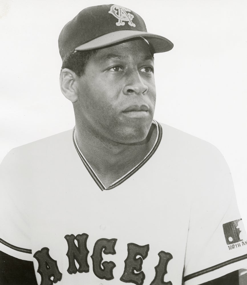 Head and shoulders portrait of Jim Hicks in Angels uniform