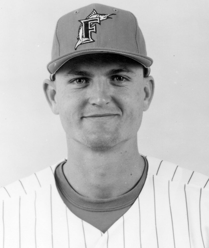 Black and white portrait of Trevor Hoffman in Marlins uniform