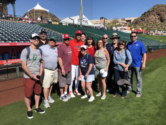 A group of Champions attended a Hall of Fame Spring Training 2020 event in Arizona. With generous support from the Los Angeles Angels, a pregame experience was arranged for supporters, which included this photo opportunity with Shohei Ohtani. (National Baseball Hall of Fame and Museum)