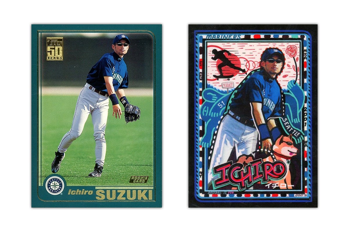 Front of 2001 Topps and Topps Project 2020 Ichiro Suzuki cards