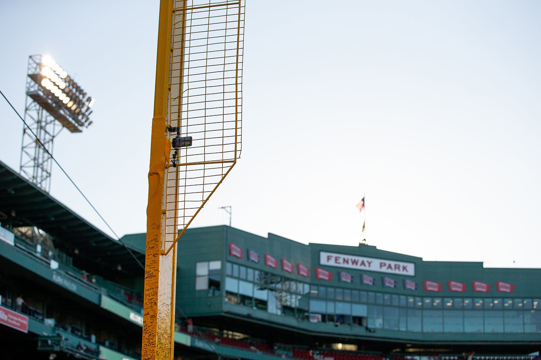 iPhone mounted on Fenway Park foul pole