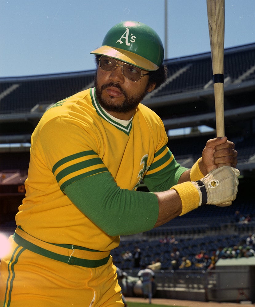 Batting portrait of Reggie Jackson in Athletics uniform