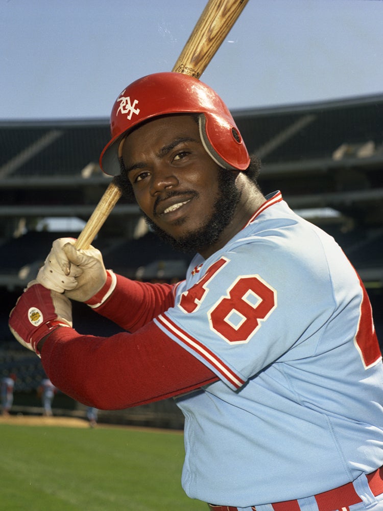 Batting portrait of Lamar Johnson in White Sox uniform