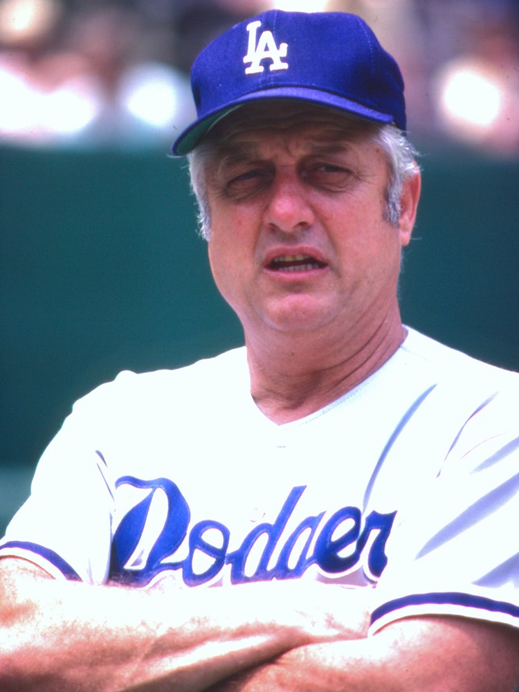 Head and shoulders portrait of Tommy Lasorda in Dodgers uniform