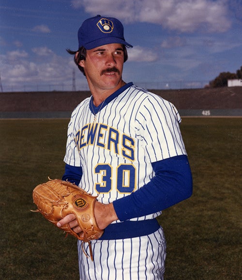 Moose Haas wearing a home pinstriped number 30 Brewers jersey.