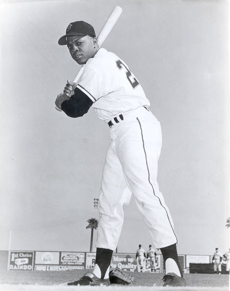 Black and white batting portrait of Willie Mays 