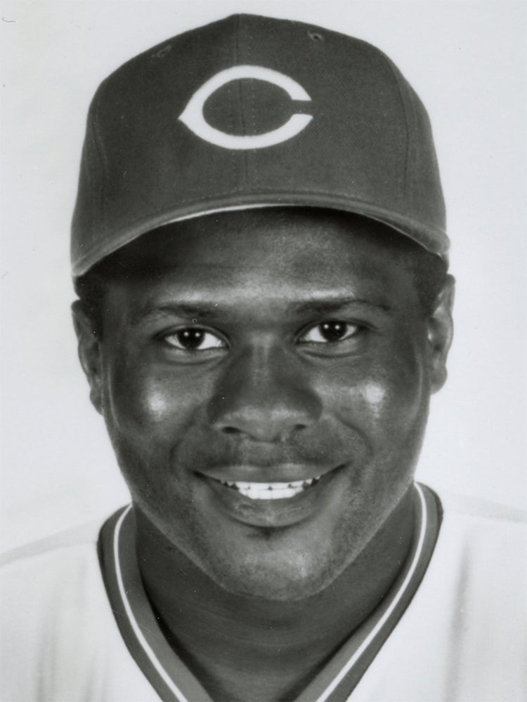 Head and shoulders portrait of Lloyd McClendon in Reds uniform