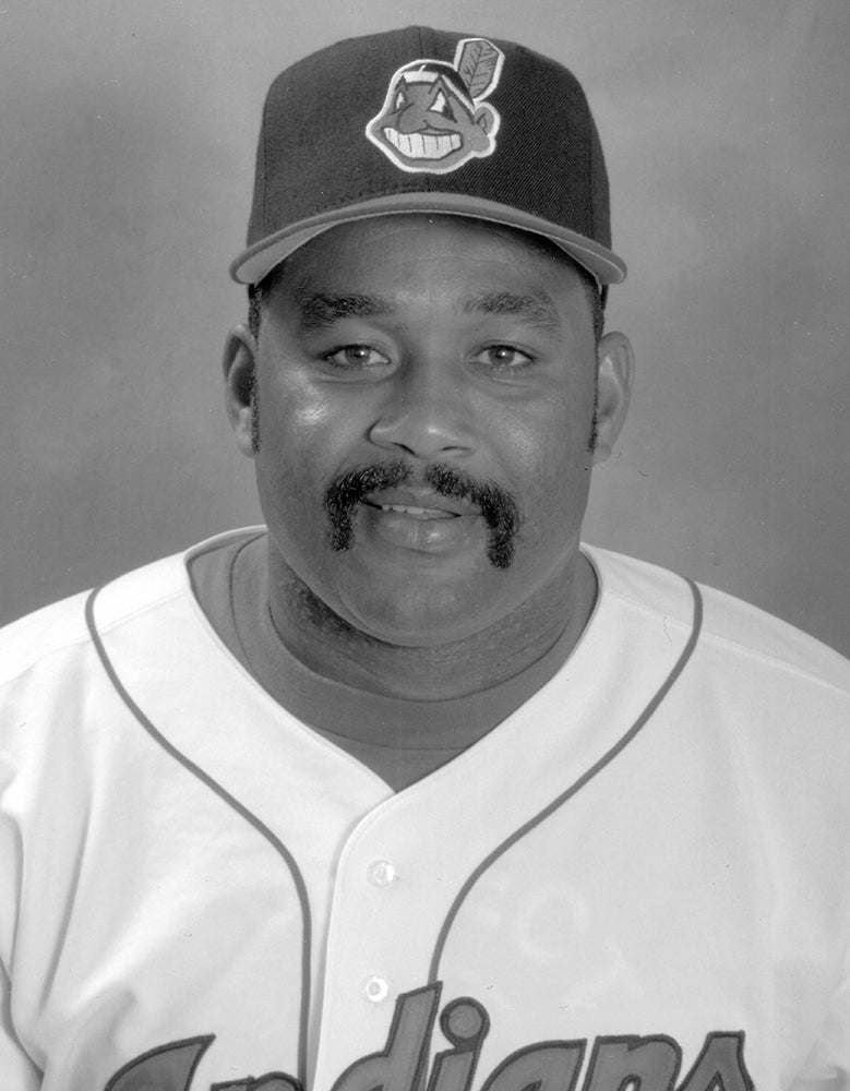 Black and white portrait of José Mesa in Cleveland uniform