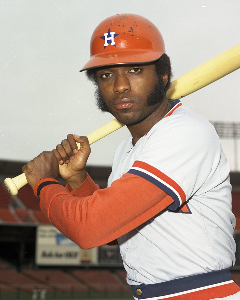 Batting portrait of Larry Milbourne in Astros uniform
