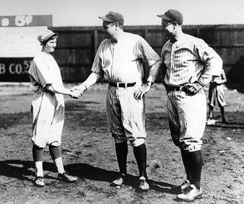Jackie Mitchell with Babe Ruth and Lou Gehrig