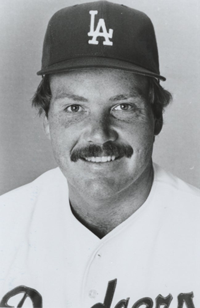 Head and shoulders portrait of Tom Niedenfuer in Dodgers uniform
