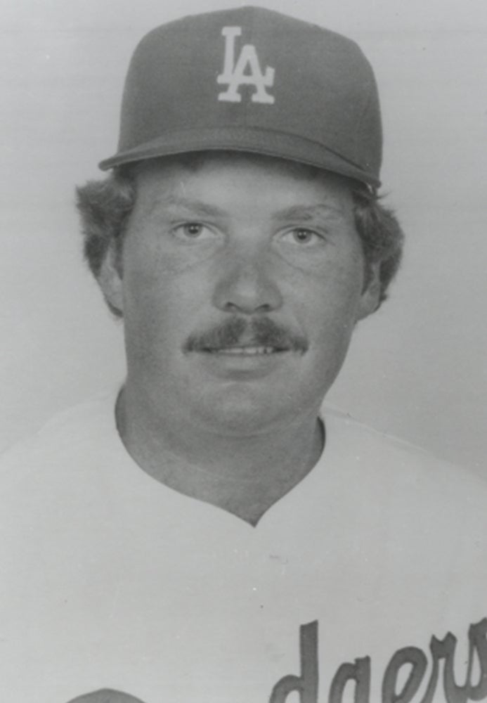 Head and shoulders portrait of Tom Niedenfuer in Dodgers uniform