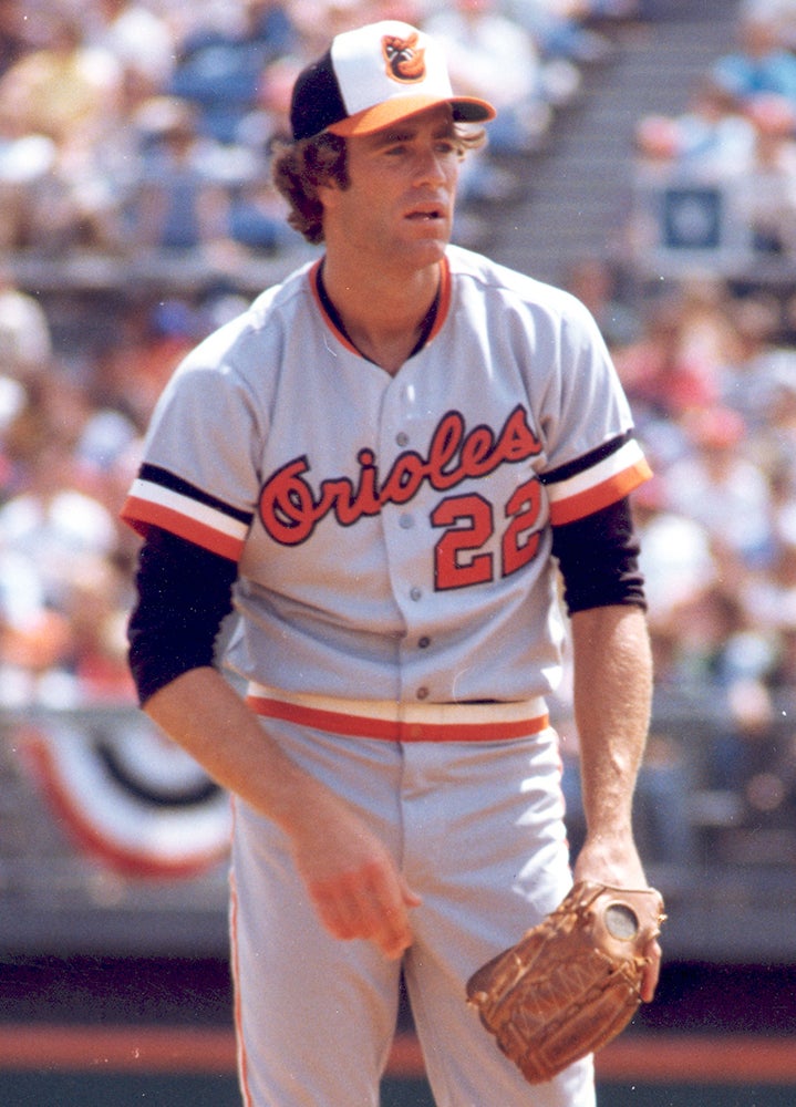 Jim Palmer on mound in road Baltimore uniform