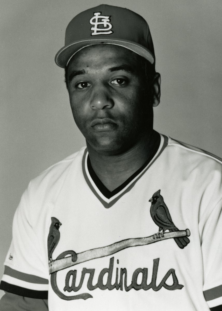 Black and white portrait of Terry Pendleton in Cardinals uniform